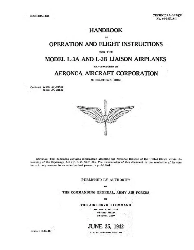 Aeronca L-3A, L-3B Liaison Ap 1942 Flight & Operation (01-145La-1) 1