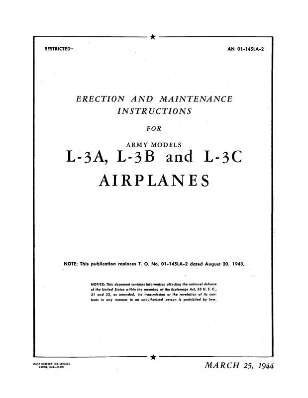 Aeronca L-3A, L-3B, L-3C 1944 Maintenance & Erection (01-145La-2) 1