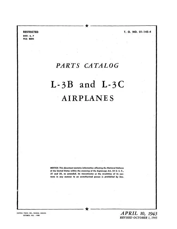 Aeronca L-3B, L-3C 1943 Parts Catalog (01-145-4) 1