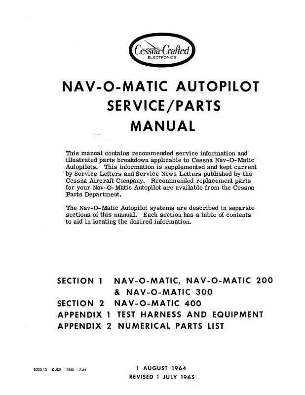 Cessna 200,300,400 Navomatic Autopilot Maintenance-Parts (D323-13) 1