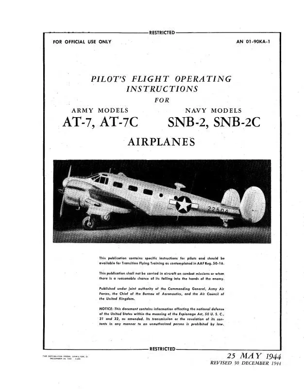 Beech At7,C Usaf & Snb2,C Navy Pilot's Flight Operating (01-90Ka-1) 1