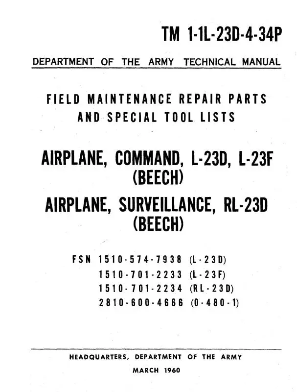 Beech L-23D,F, Rl-23D Field Parts Catalog (1-1L-23D-4-34P) 1
