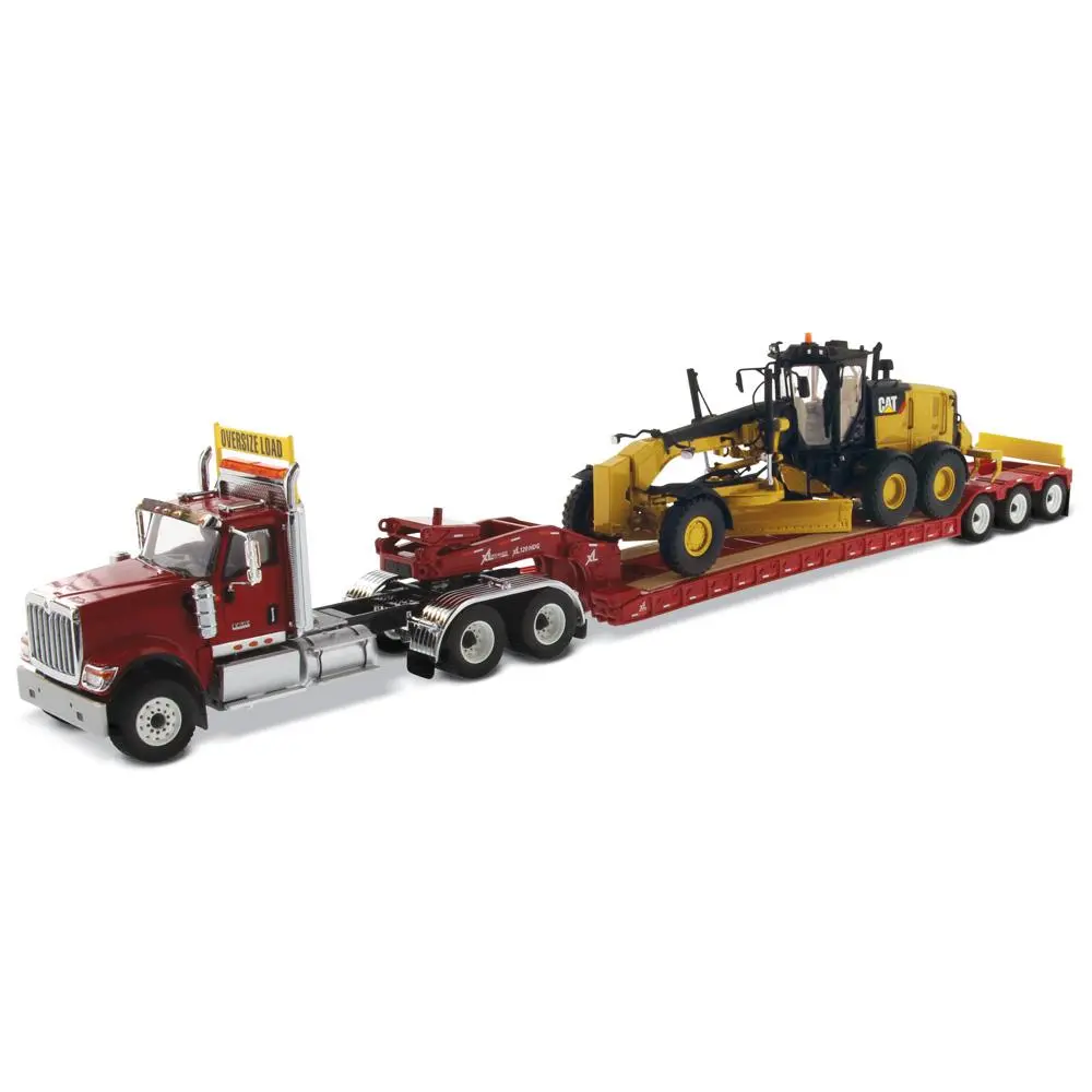 1:50 International Hx520 Tandem Tractor + Xl 120 Trailer, Red W/ Cat® 12M3 Motor Grader Loaded Including Both Rear Boosters, 85598 1