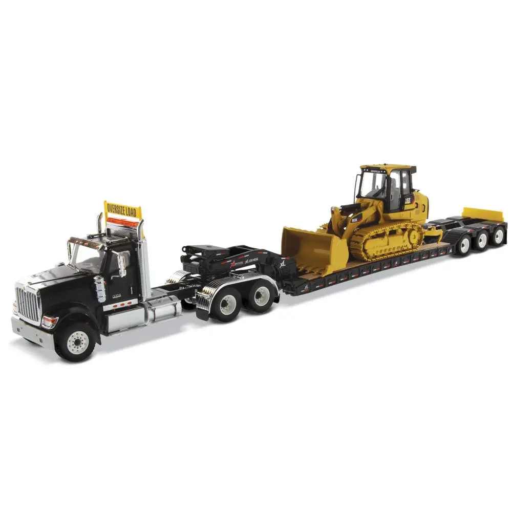 1:50 International Hx520 Tandem Tractor + Xl 120 Trailer, Black W/ Cat® 963K Track Loader Loaded Including Both Rear Boosters, 85599 1