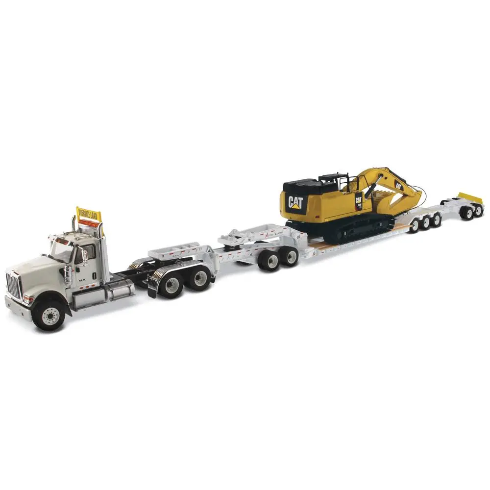 1:50 International Hx520 Tandem Tractor + Xl 120 Trailer Outriggers, White W/ Cat®349F L Xe Hydraulic Excavator Loaded Including Both Rear Boosters And Front Jeep, Transport Series, 85600 ***Incoming May 1