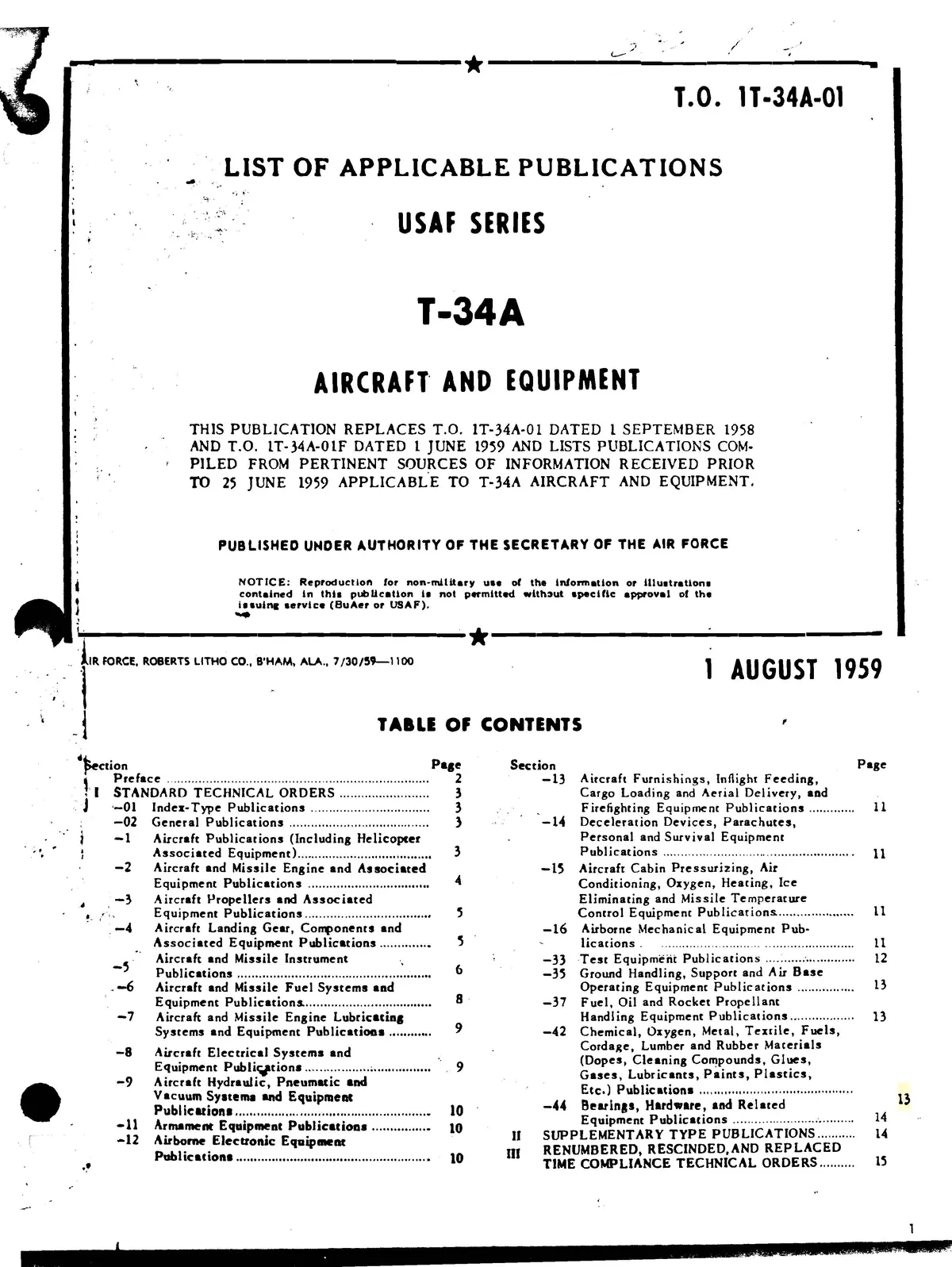 Beech T-34A List Of Applicable Publications Aircraft And Equipment (1T-34A-01) 1