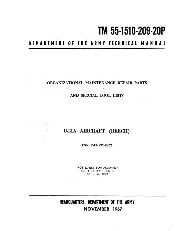 Beech U-21A Series Organizational Parts & Tool List (55-1510-209-20P) 1