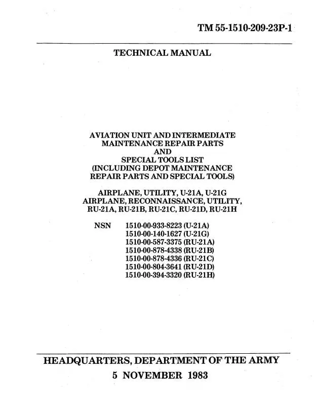 Beech U-21A,G & Ru-21A,B,C,D,H Parts & Tool Lists (55-1510-209-23P) 1