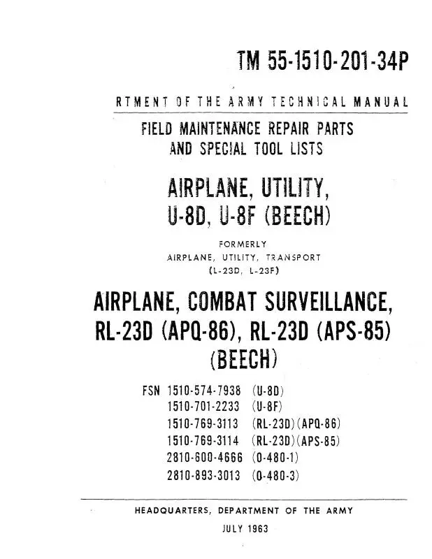 Beech U-8D,U-8F Field Repair Parts Catalog (55-1510-201-34P) 1