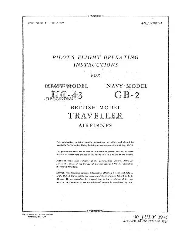 Beech Uc-43 (Gb-2) Stagger Wing Pilot's Flight Instructions (01-90Cc-1) 1