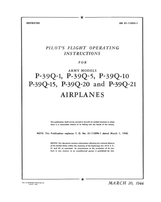Bell P-39Q-1,5,10,15,20,21 1944 Pilot's Flight Operating Instructions Manual (01-110Fn-1) 1