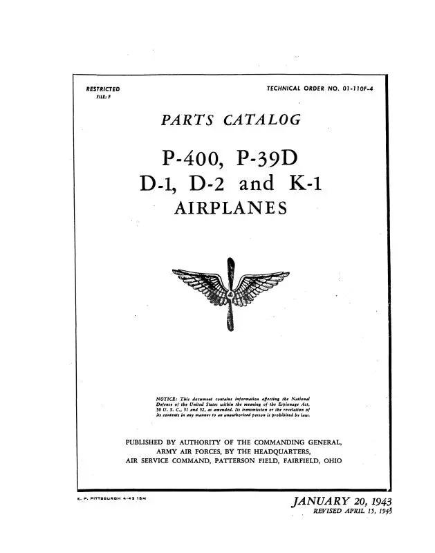 Bell P-400,P39,D1,D2,K1 Series 1943 Illustrated Parts Catalog (01-110-F-4) 1