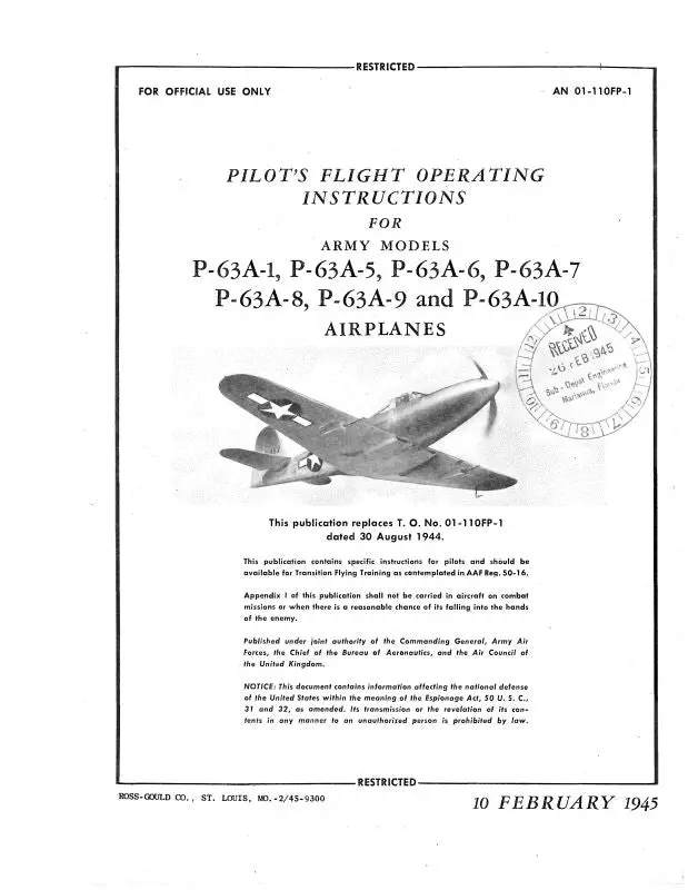 Bell P63-A-1,-5,-6,-7,-8,-9,-10 Flight Manual (01-110Fp-1) 1