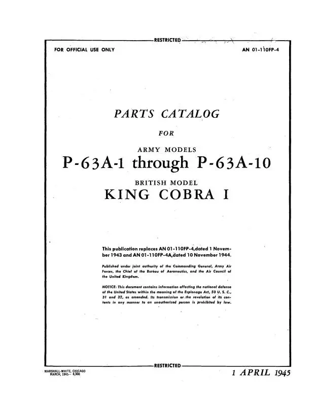 Bell P-63A-1 Thru P-63A-10 1945 Parts Catalog (01-110Fp-4) 1