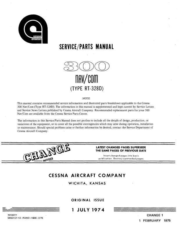Cessna 300 Nav-Com Rt-328D 1974 Maintenance, Parts Manual (D4531-13) 1