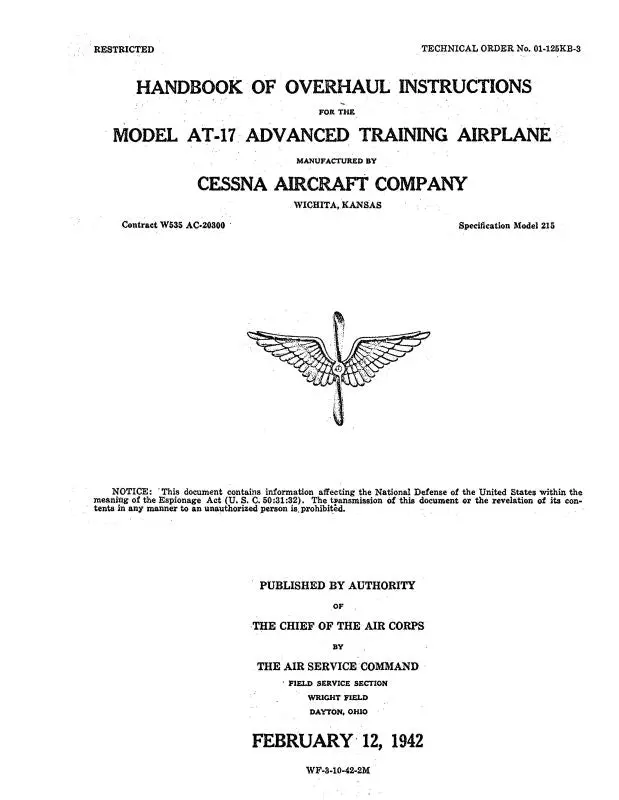 Cessna Model At-17 1942 Overhaul Instructions (To-#-01-125Kb-3) 1