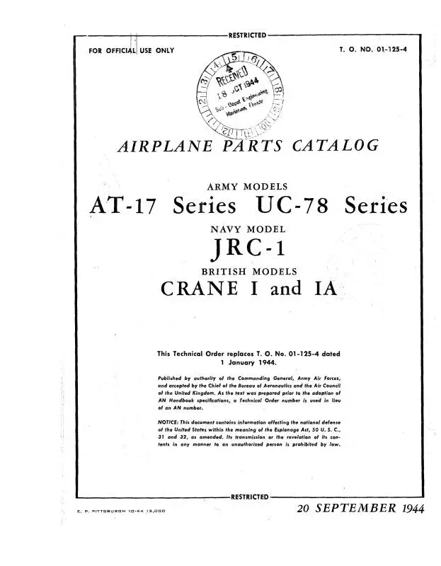Cessna At-17 & Uc-78 1944 Parts Catalog (To-#-01-125-4) 1