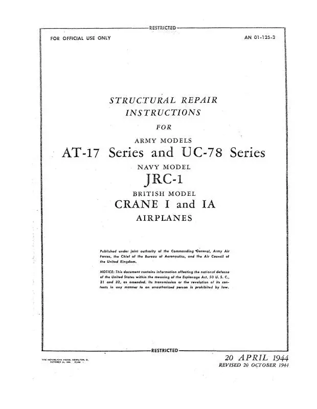 Cessna At-17 & Uc-78 1944 Structural Repair Instructions In Color (01-125-3) 1