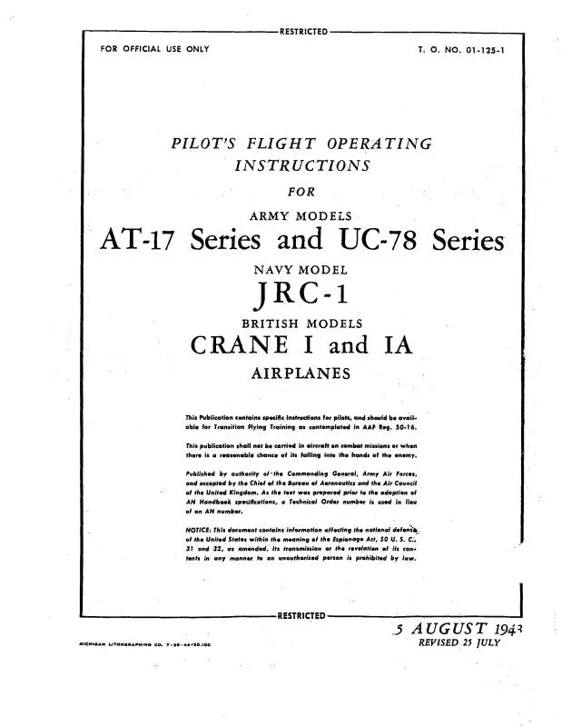 Cessna At-17 & Uc-78 Pilot's Flight Operating Instructions In Color (To-#-01-125-1) 1
