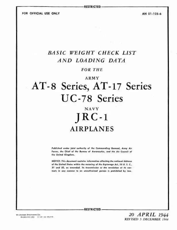 Cessna At-8,17 & Uc-78 Series Army Basic Weight Checklist & Loading Data (To-#-01-125-6) 1