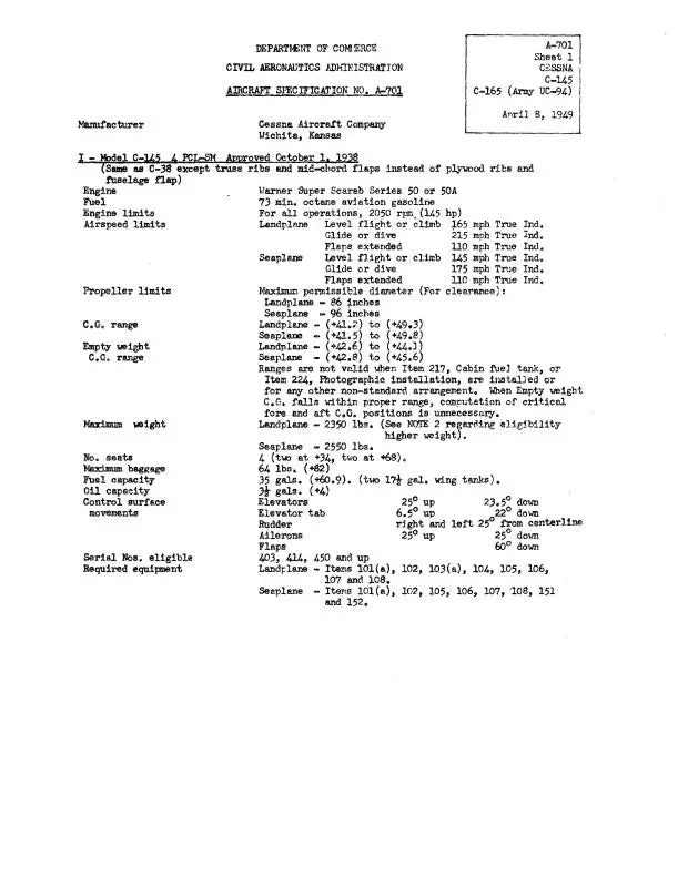 Cessna C145, C165 Aircraft Specifications (A-701) 1