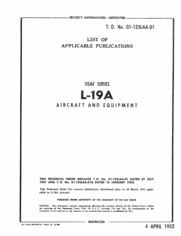 Cessna L-19A Series 1952 List Of Applicable Publications (01-125Laa-01) 1