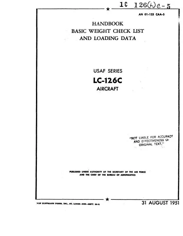 Cessna Lc-126C 1951 Handbook Basic Weight Checklist & Loading Data (01-125-Caa-5) 1