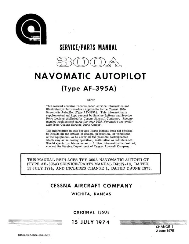 Cessna 300A Typeaf-395A Autopilot Service-Parts (D4554-13) 1