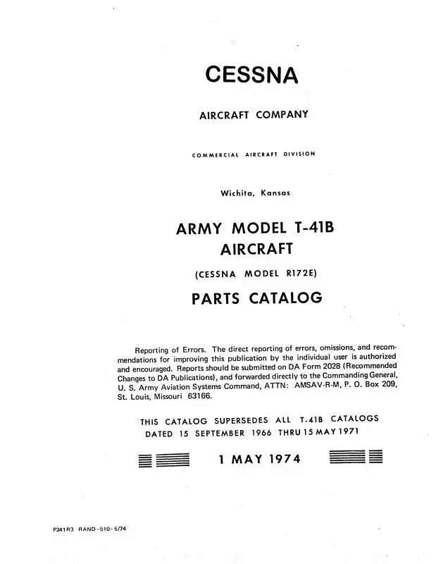 Cessna Army Model T-41B R172e1974 Illustrated Parts Catalog (P341r3) 1