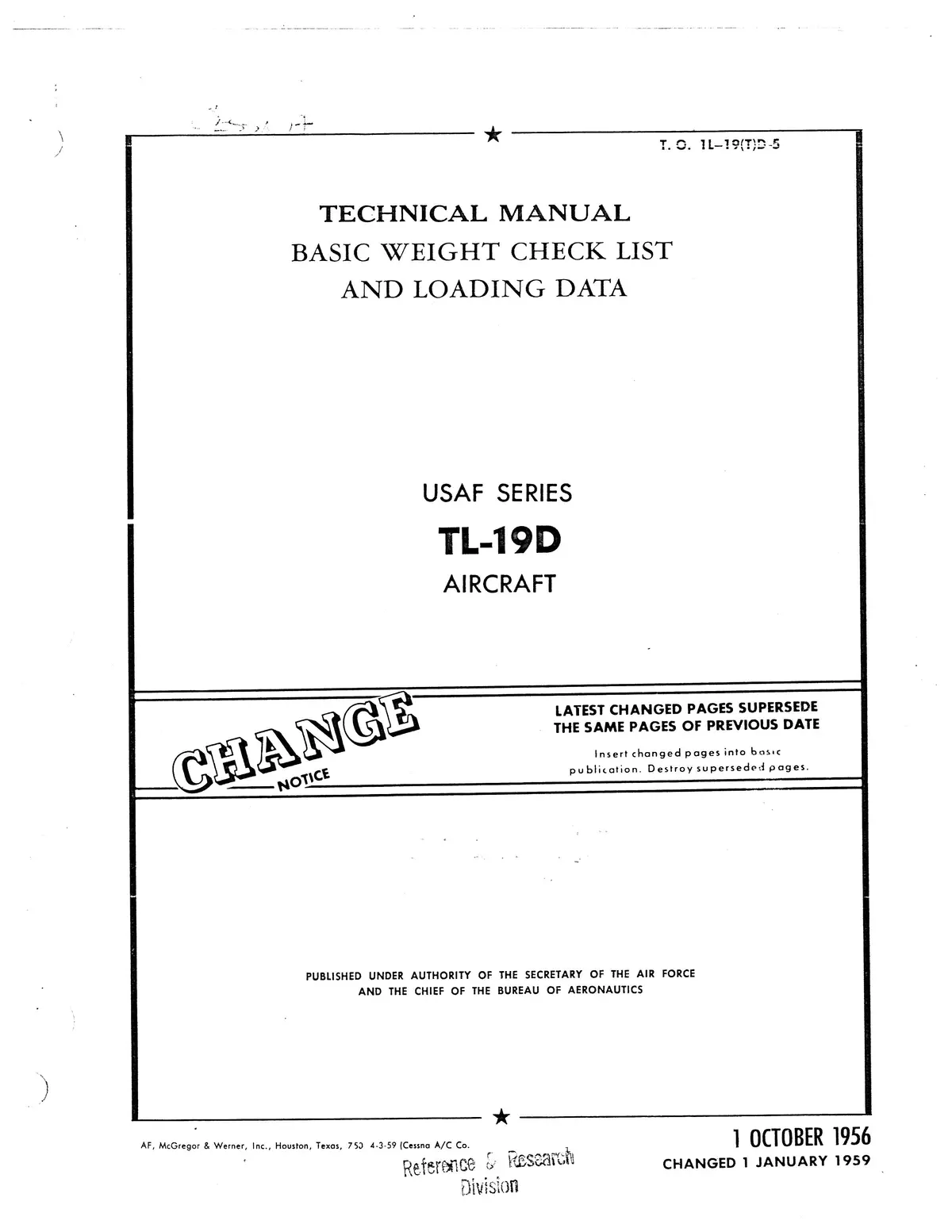 Cessna Tl-19D Series 1956 Basic Weight Check List & Loading Data (1L-19(T)D-5) 1