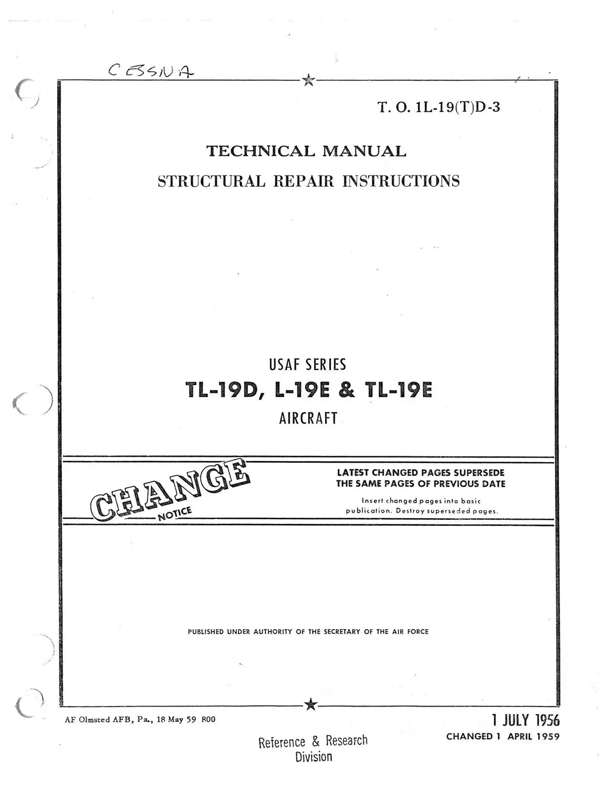 Cessna Usaf Tl-19D, L-19E, Tl-19E Structural Repair Instructions (1-1L-19(T)D-3) 1