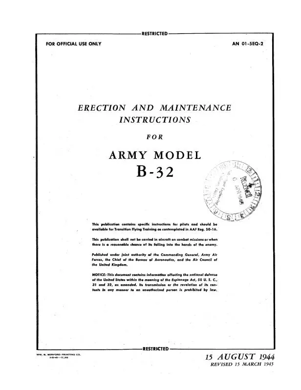 Consolidated B-32 Army Model 1944 Erection & Maintenance Instructions (01-5Eq-2) 1