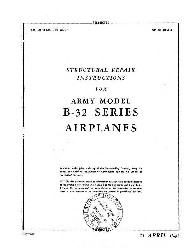 Consolidated B-32 Army Model 1945 Structural Repair Instructions (01-5Eq-3) 1