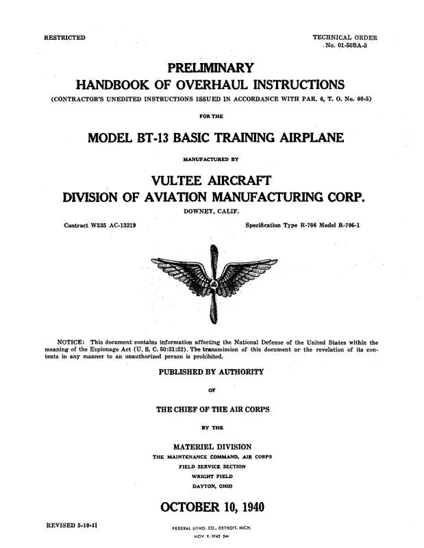 Consolidated Bt-13 1940 Overhaul Instructions (01-50Ba-3) 1