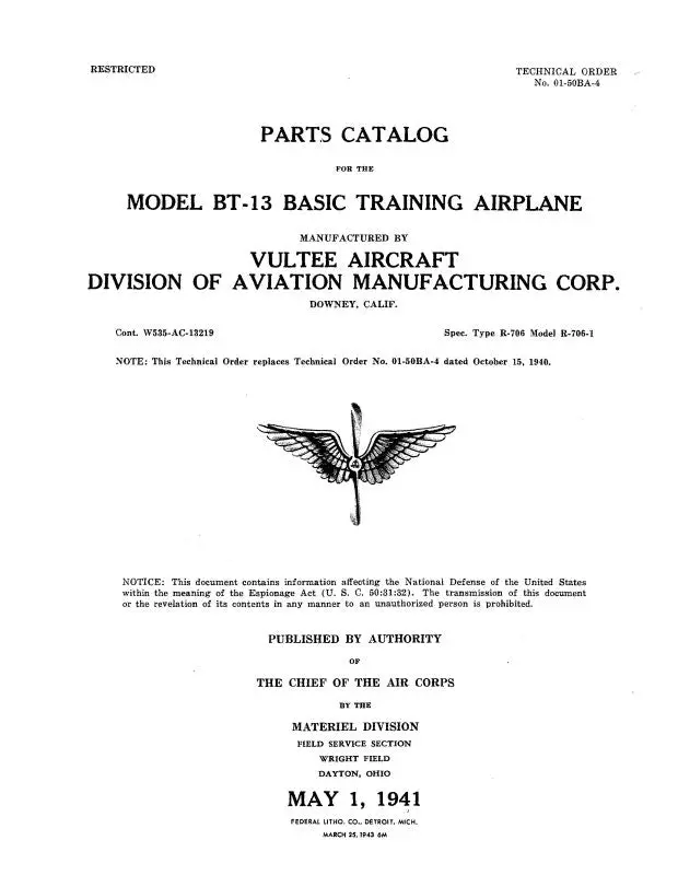 Consolidated Bt-13 1941 Parts Catalog (01-50Ba-4) 1