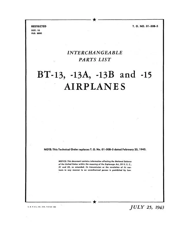 Consolidated Bt-13,A,B & Bt-15 1943 Interchangeable Parts List (01-50B-5) 1