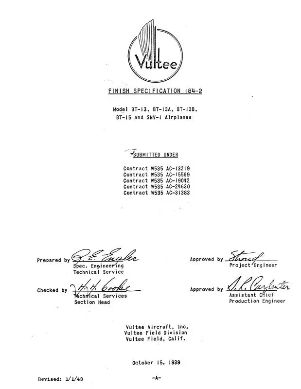 Consolidated Bt-13,A,B, Bt-15 & Snv-1 1939 Finish Aircraft Specification (184-2) 1