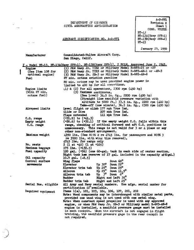 Consolidated Bt-13,A,B & Bt-15 1950 Aircraft Specification Sheet (A-2-571) 1