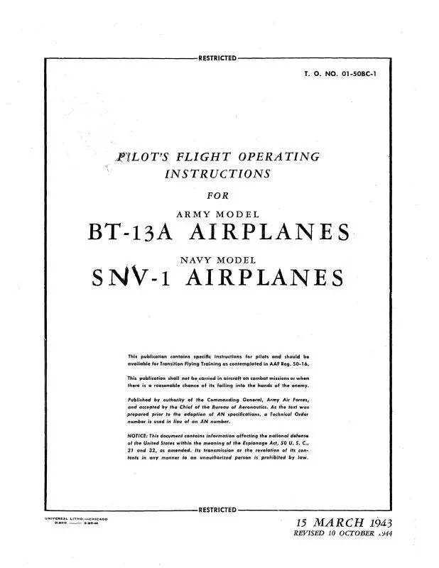 Consolidated Bt-13A 1943 Pilot's Flight Operating Instructions (01-50Bc-1) 1