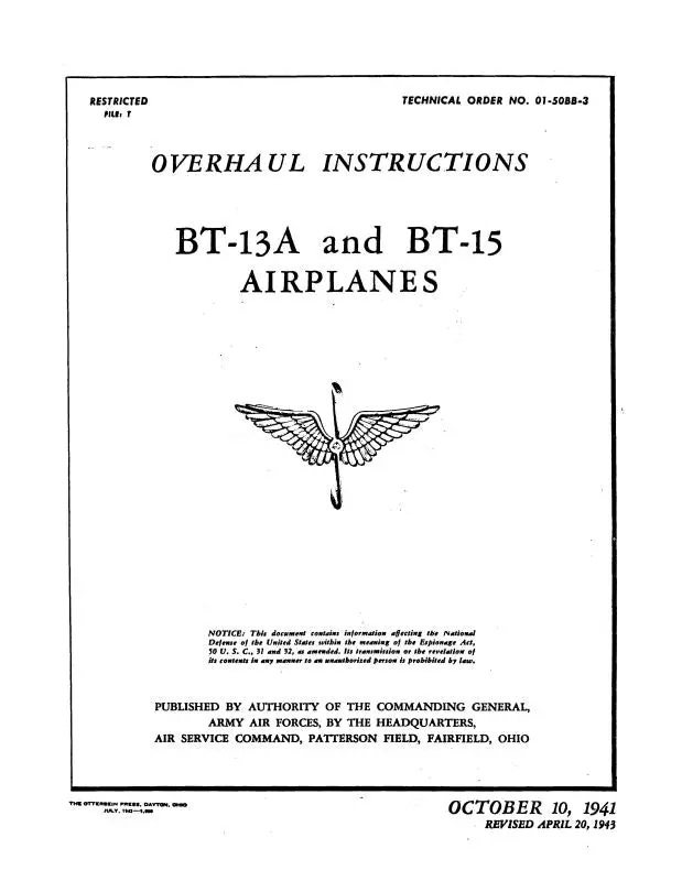 Consolidated Bt-13A & Bt-15 1941 Overhaul Instructions (01-50Bb-3) 1