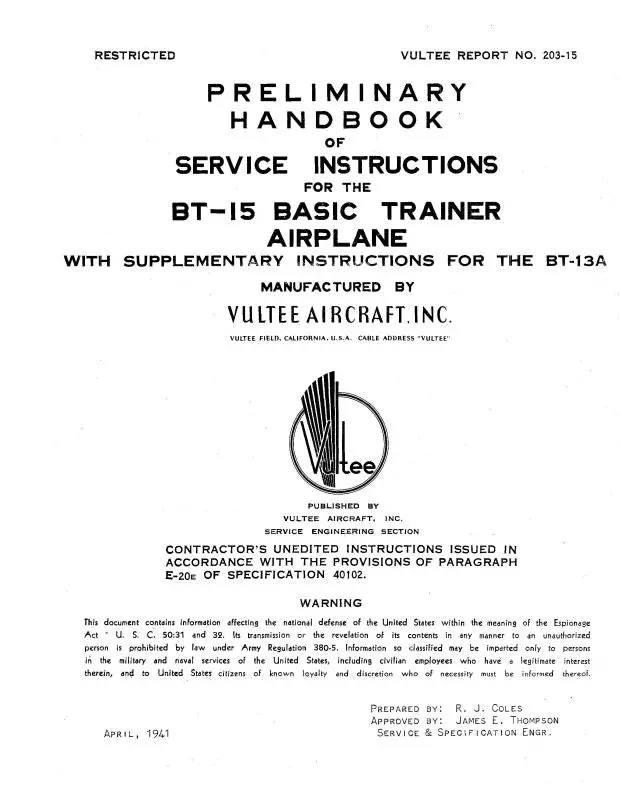 Consolidated Bt-15 1941 Maintenance Instructions (203-15) 1