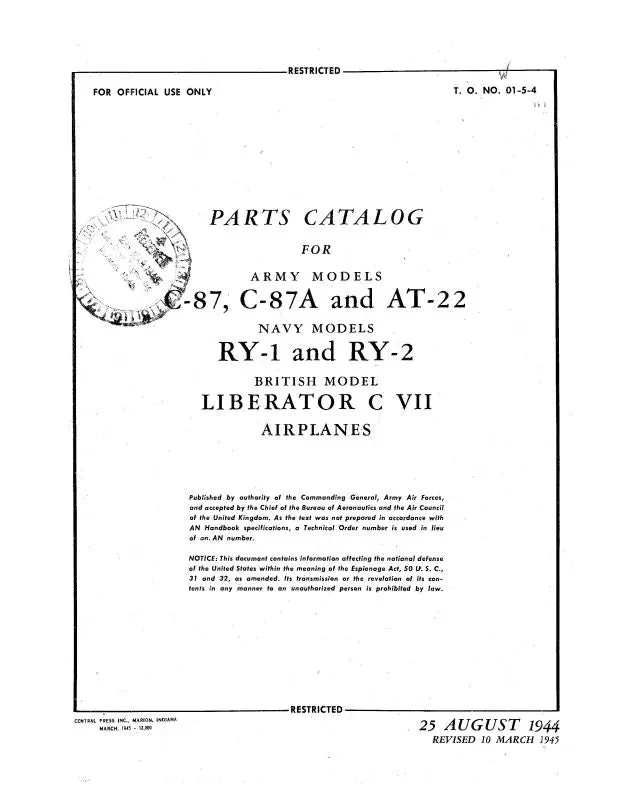 Consolidated C-87, C-87A, At-22 Army 1944 Parts Catalog 01-5-4 1