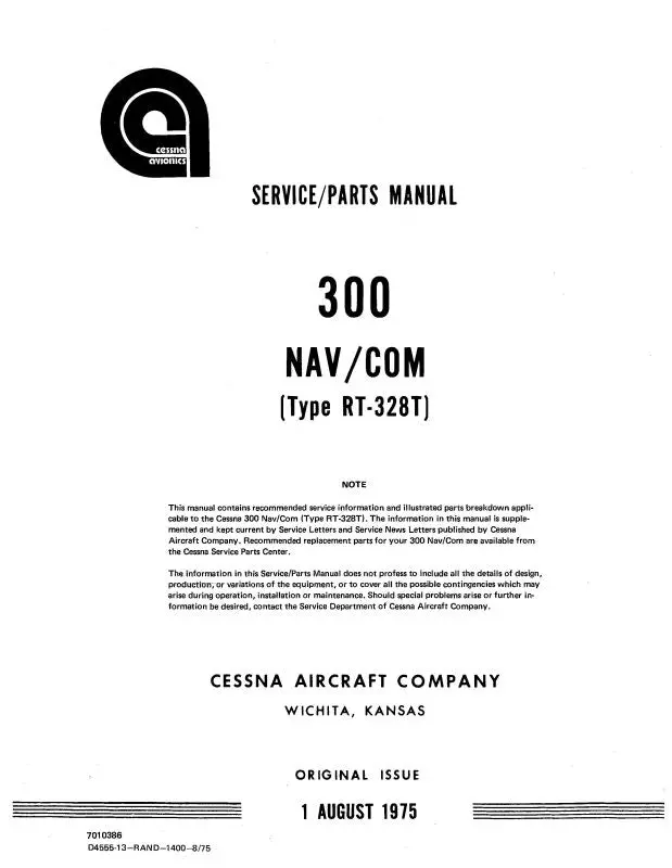Cessna 300 Nav-Com Type Rt-328T 1975 Maintenance Manual (D4555-13) 1