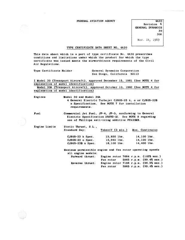 Consolidated General Dynamics 30&30A 1969 Aircraft Specification Sheet (4A30) 1