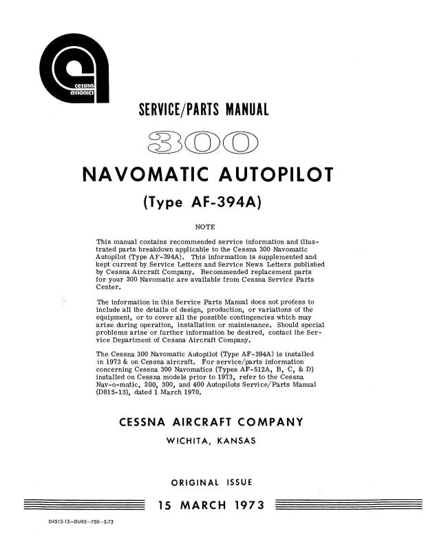 Cessna 300 Nav-Auto Af-394A 1973 Maintenance-Parts Manual (D4513-13) 1