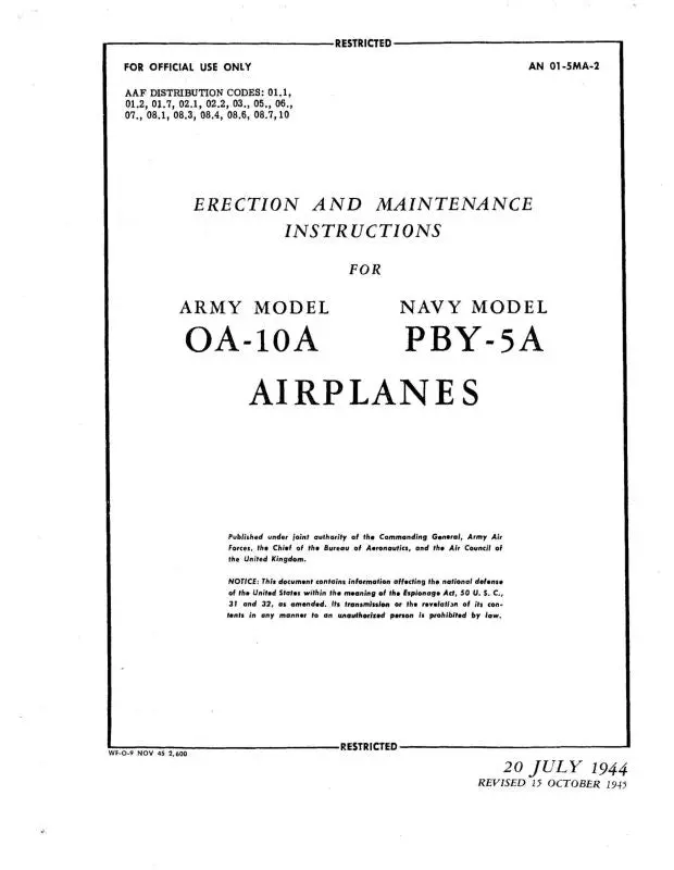 Consolidated Pby-5A Navy & Oa-10A Army 1944 Erection & Maintenance Instructions (01-5Ma-2) 1