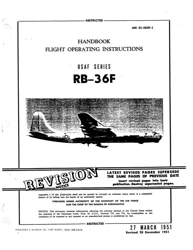 Consolidated Rb-36F Aircraft 1951 Flight Operating Instructions Handbook (01-5Euf-1) 1