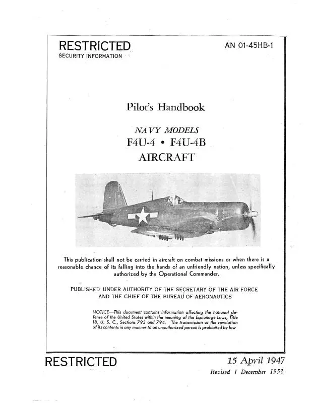 Corsair Vought F4u-4, F4u-4B 1947 Pilot's Flight Handbook (An01-45Hb-1) 1