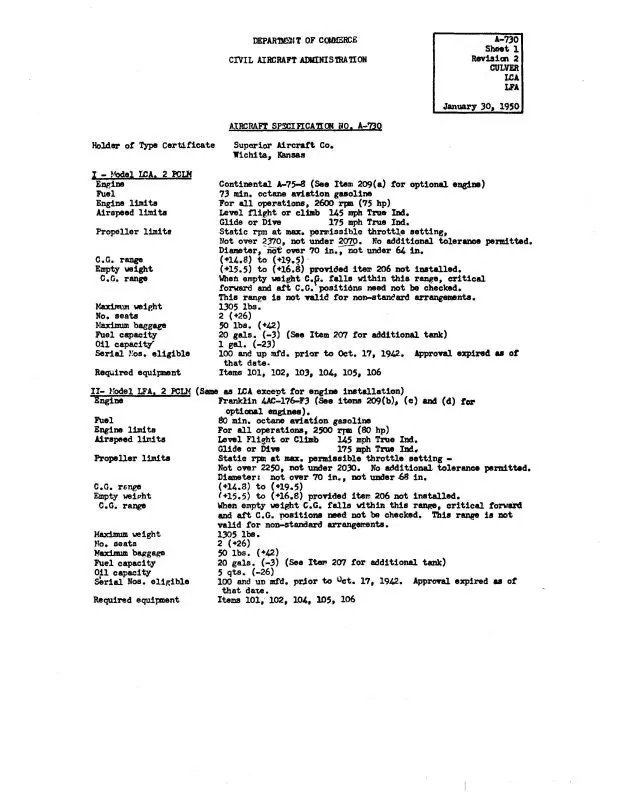 Culver Aircraft Corporation Lca, Lfa Cadet Aircraft  Type Certificate Data Specifications (Culca,Lfa-Sp-C) 1