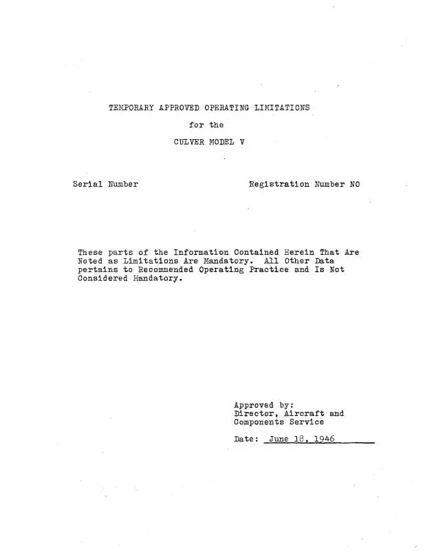 Culver Aircraft Corporation Model V 1946 Operating Limitations (Cuv-46-Op-C) 1